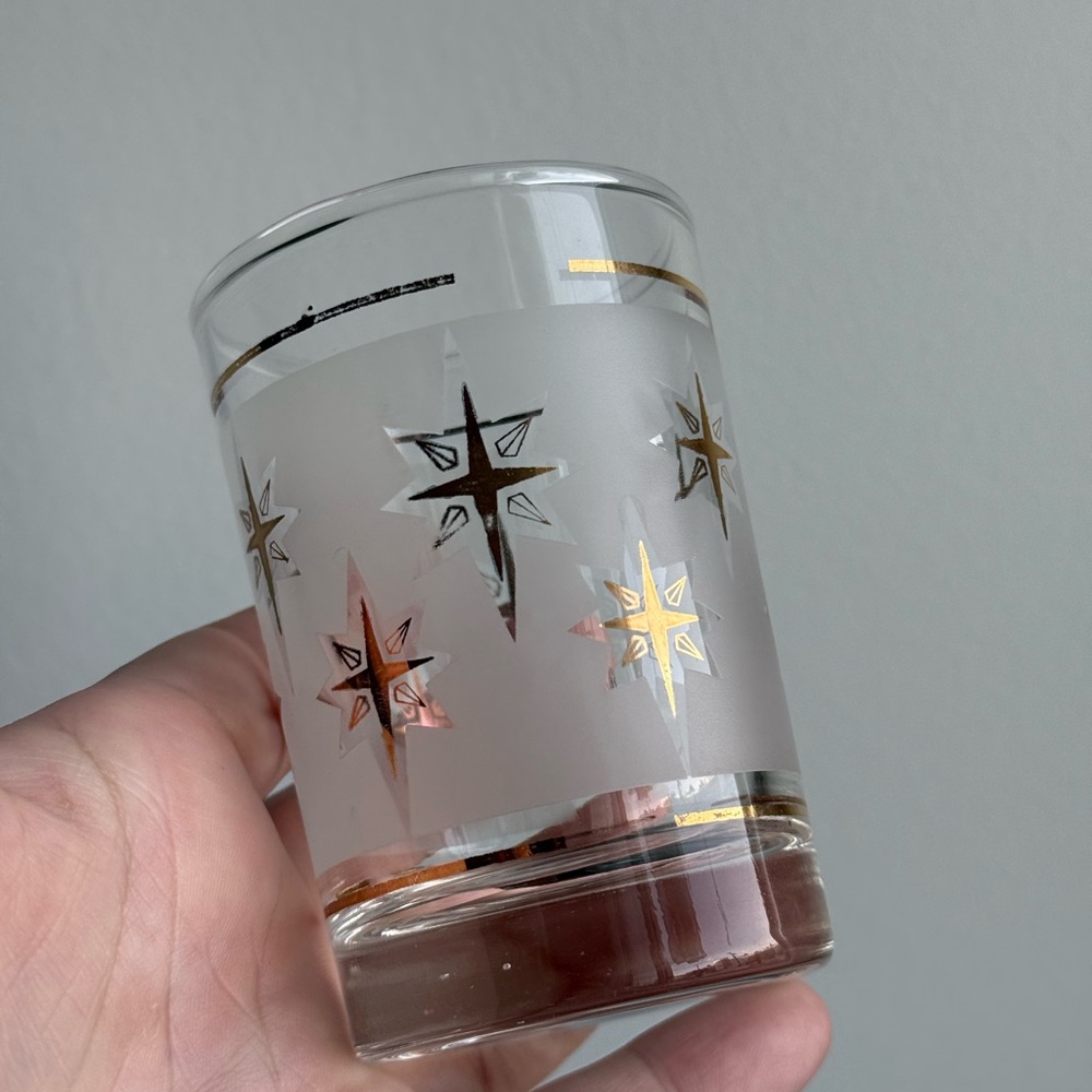 Set of 5 Dominion 3.5" Drink Glasses Atomic Burst Space Age Starbursts Cups